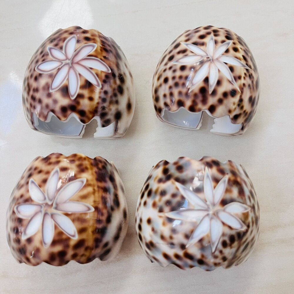 Tiger Cowrie Spotted Shell Napkin Rings Set Of 4 Coastal Beach Serving Table